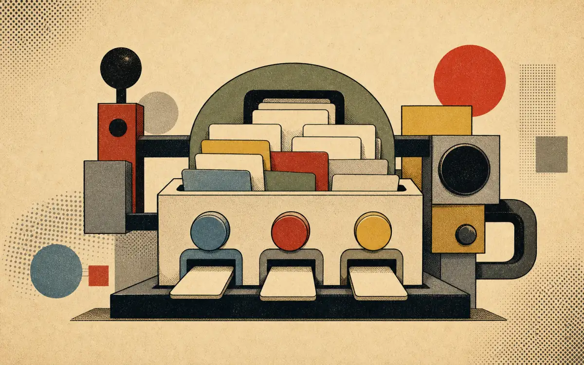 Illustration of a fictional algorithm machine sorting folders through abstract controls and abstract geometric shapes.