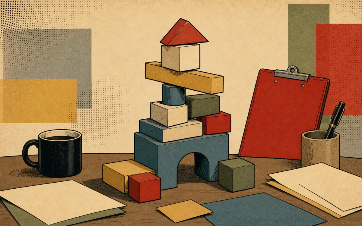 Illustration of a desk with a red clipboard, coffee mug, papers, and a precarious stack of colorful blocks.