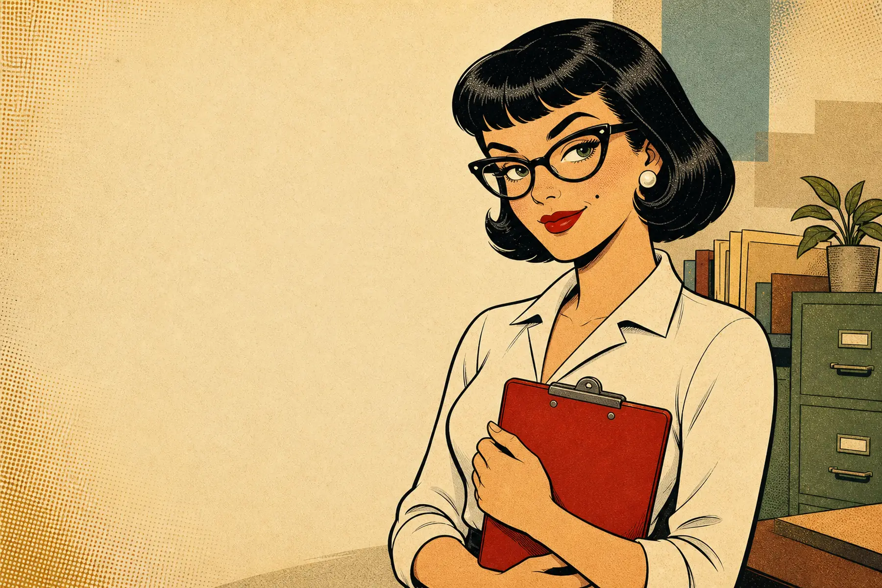 Illustration of a fictional comic character with cat-eye glasses, a red clipboard, and a mid-century file-room backdrop.