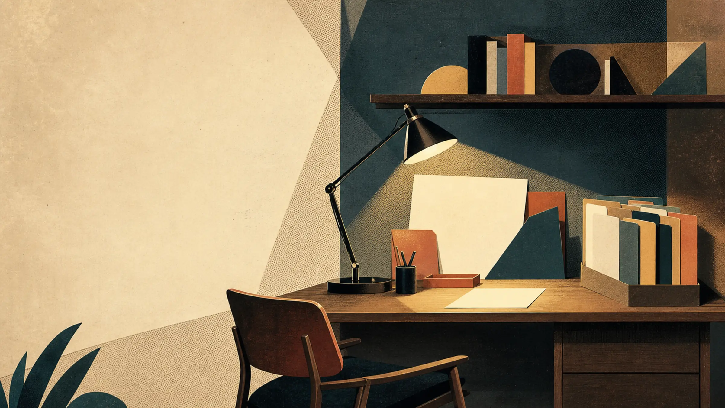 Illustration of a quiet editorial desk with shelves, papers, a reading lamp, and warm publication-room textures.