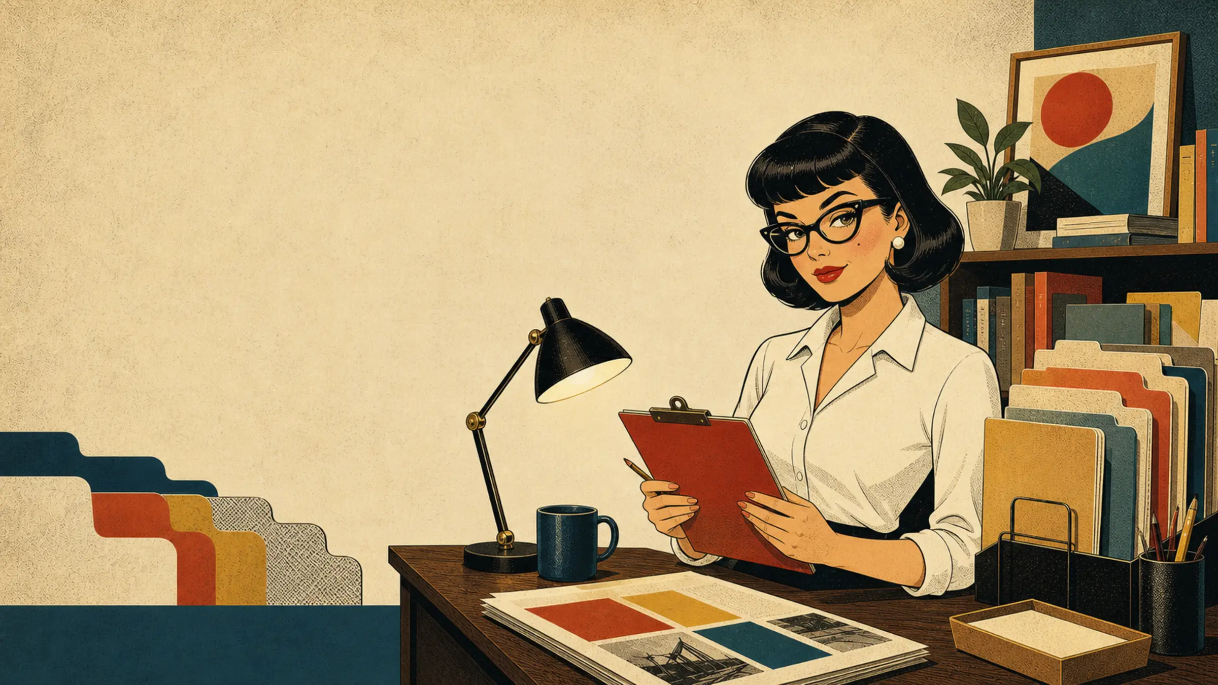Editorial illustration of Your CIA Agent, a fictional satire character with cat-eye glasses, a red clipboard, and a warm publisher setting.